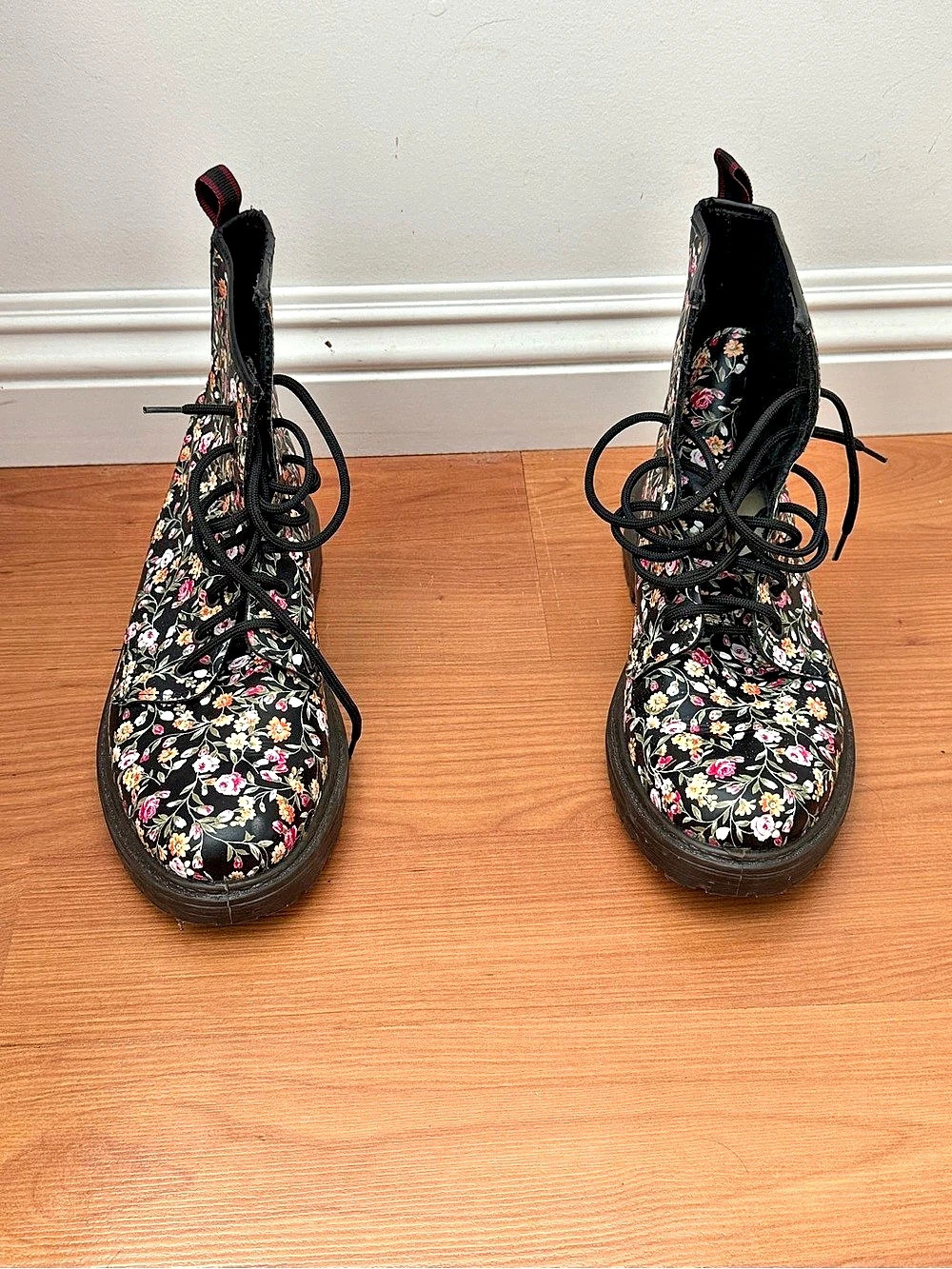 Floral Combat Boots in Black & Pink